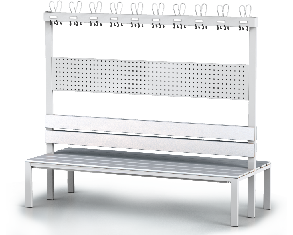 Beiderseitige Bänke mit Lehne und Kleiderhaken, PVC latten - Basisausführung 1800 x 2000 x 830